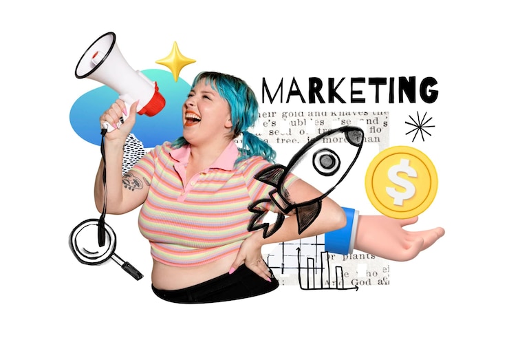 Foto palavra de marketing png mulher segurando megafone remix fundo transparente