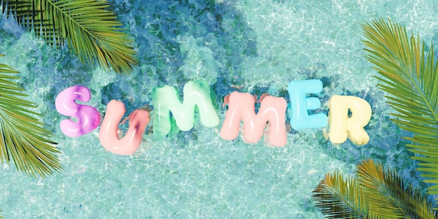 Palavra de natação inflável em forma de summer flutuando em uma refrescante piscina azul com folhas de palmeira nos cantos