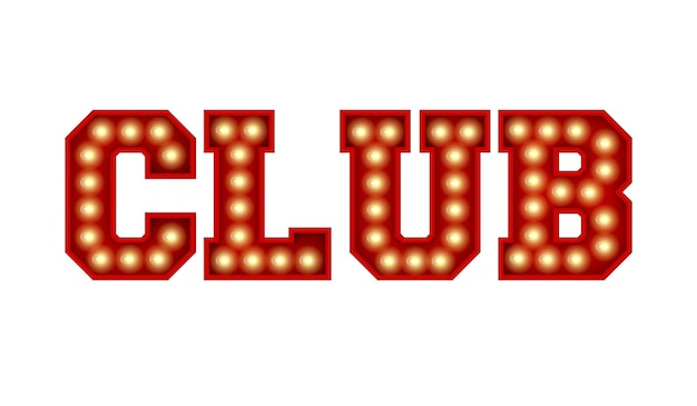 Palavra do clube feita de letras de lâmpada vermelha vintage isoladas em uma renderização 3D branca