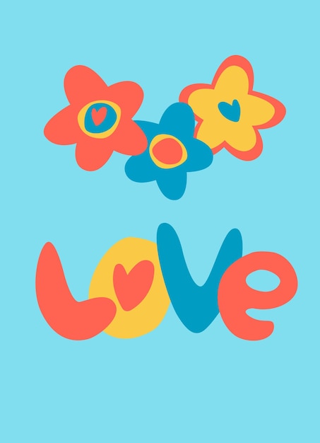Palavra manipulada Amor com flores Amor Romance Conceito de Dia dos Namorados Design retrô dos anos 60 e 70