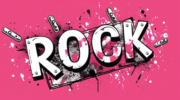 Foto palavra rock texto em abstrato estética grunge punk tinta salpicos estilo em fundo rosa vibrante