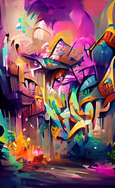 Foto palavras abstratas de graffiti de rua na parede desenho de graffiti com pintura de cores brilhantes ilustração