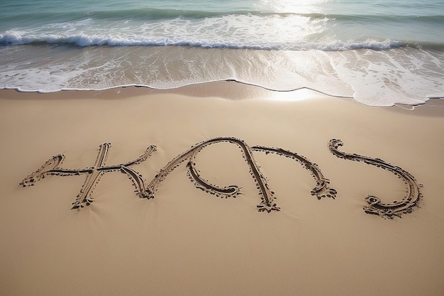 Palavras felizes escritas na areia da praia