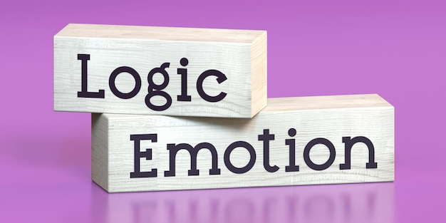 Palavras lógicas de emoção na ilustração 3D de blocos de madeira
