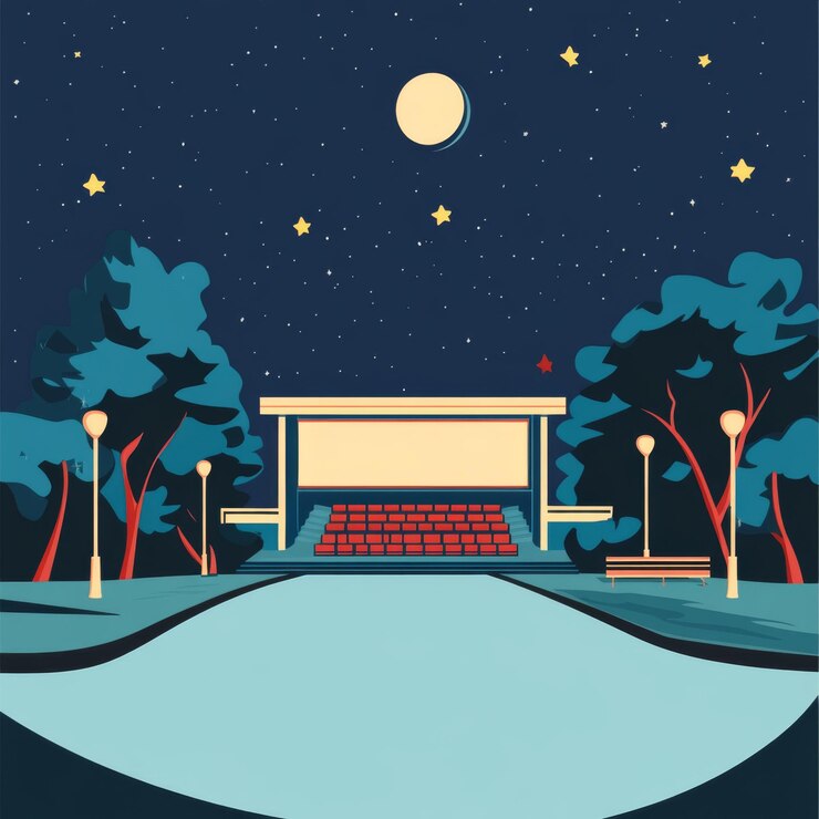 Foto palco ao ar livre noturno com assentos vazios