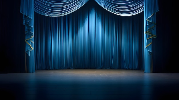 Palco Arafed Vibrante com Cortinas Azuis e Holofotes Cativante Imagem Estoque para Teatro