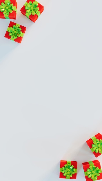 Palco branco com caixas de presente vermelhas com fitas verdes e renderização em 3d de tema de celebração de arcos