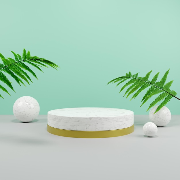 Palco cerâmico de pódio de renderização 3d para apresentação de maquete de produto com rocha redonda e plantas