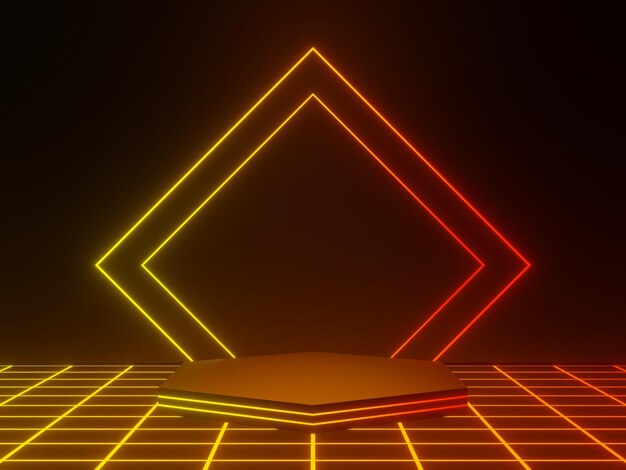 Palco científico 3D preto com luzes de neon gradiente Pódio geométrico SciFi mock up