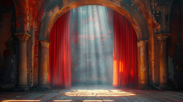Palco com cortina vermelha e luz iluminada