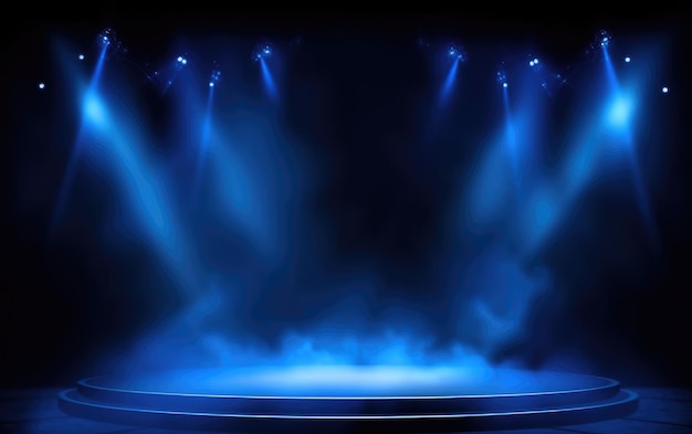 Palco com luzes cênicas e fumaça Farol azul com efeito de luz de volume de fumaça em fundo preto Projetor de nuvens do estádio Sala de espetáculo de névoa IA generativa