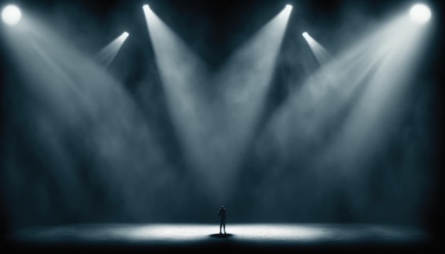 Palco com poderosos holofotes brilhando no centro do palco onde a silhueta de um homem está