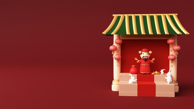 Palco de arco chinês de renderização 3d com personagem de god of wealth caishen treasure sack coelhinhos e lanternas antigas penduradas no fundo vermelho