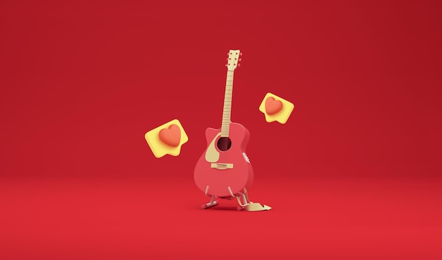 Foto palco de concerto com guitarra, coração sobre fundo vermelho.