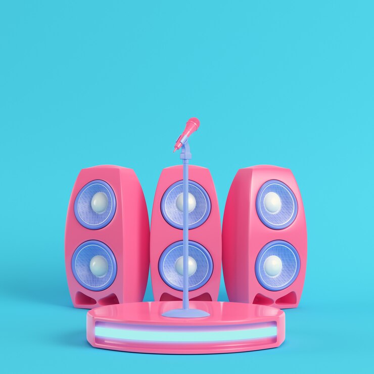 Foto palco de concerto com microfone e alto-falantes em fundo azul brilhante em tons pastel