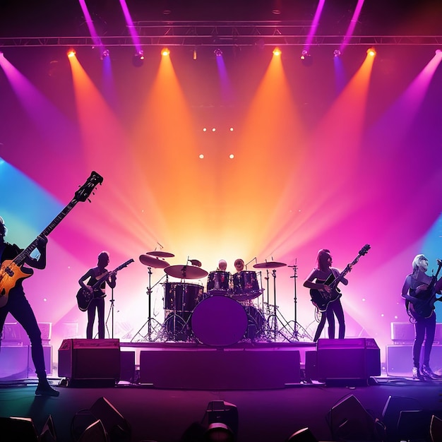 Palco de concerto em instrumentos de música de festival de rock com fundo de espaço de cópia gerado por IA