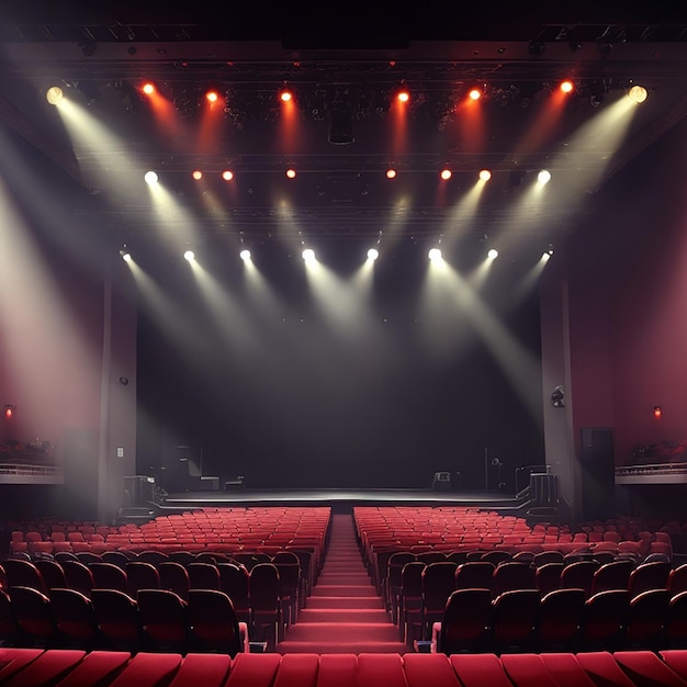 Palco de concerto vazio iluminado com fumaça gerada por IA