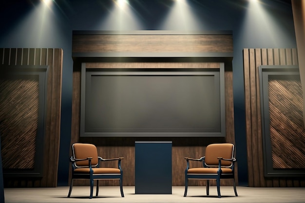 Palco de evento de madeira e metal com design industrial de cadeiras de painel de conferência com renderização 3d em tela gigante