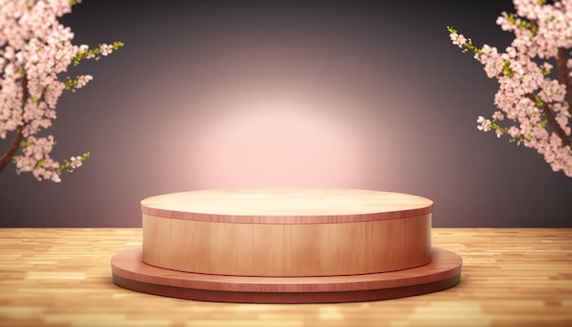 Palco de exibição de produto de mesa de madeira de pódio vazio com fundo de flor de cerejeira de primavera