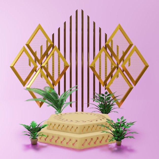 palco de exibição de produto de pódio com planta em casa de forma hexagonal e ornamento de ouro em renderização em 3d