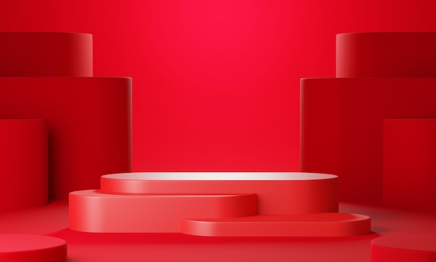 Palco de exibição de produto geométrico vermelho ou fundo de pedestal de pódio em branco renderização em 3d