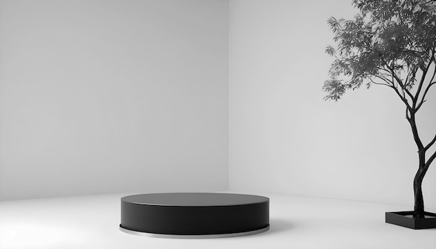 Palco de exibição de produtos 3D redondo preto stand elegante com fundo de árvore realista metálico