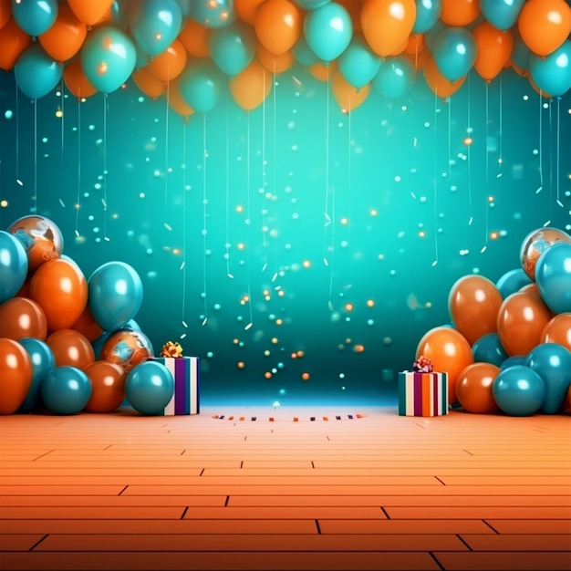 Palco de festa de aniversário com arranjo de balões coloridos