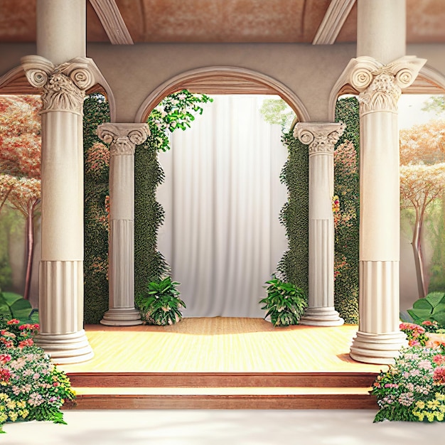Palco de madeira decorado com flores visualização 3D fantasia pódio de casamento ilustração digital