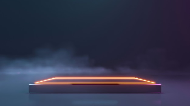 Palco de néon com parede de fumaça. renderização 3d