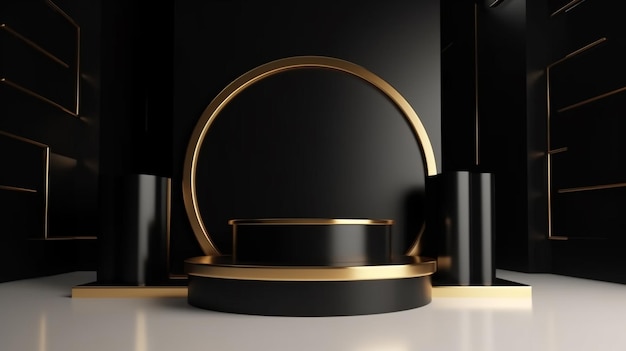 Palco de pódio 3D para exibição de produtos com fundo de ouro preto