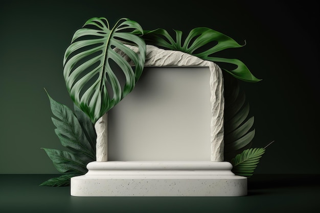 Palco de pódio branco contemporâneo com folhas tropicais em fundo verde Geração AI