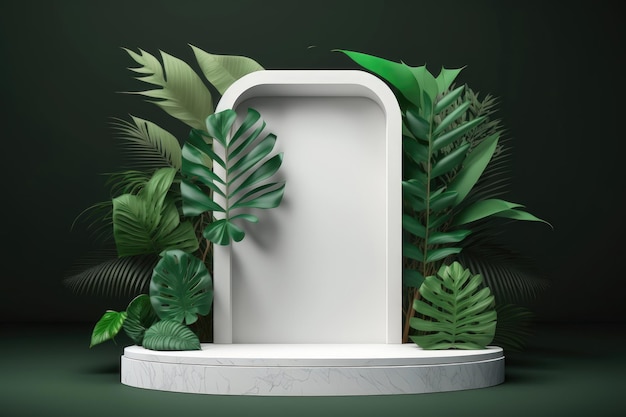 Palco de pódio branco contemporâneo com folhas tropicais em fundo verde Geração AI