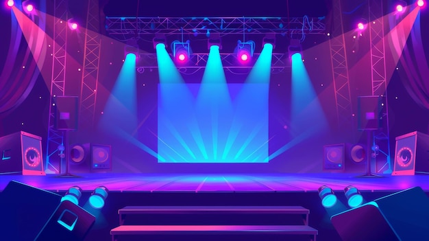 Palco de pódio com música truss e equipamento de iluminação em um palco com uma tela iluminada por spotlights Ilustração de uma cena vazia para um festival de performance ou apresentação