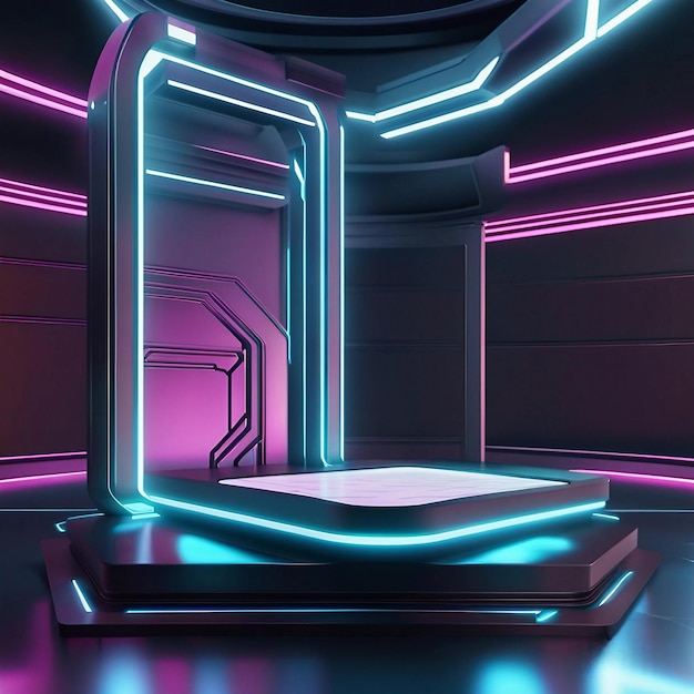 Palco de pódio de cena realista de luz neon para tema de produto cyberpunk gerado por IA