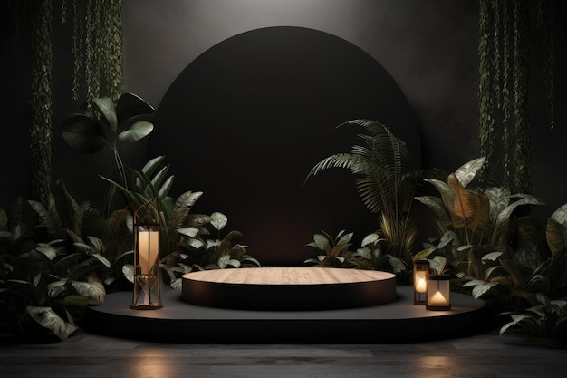 Palco de pódio de cerâmica preta cercado por plantas tropicais IA generativa