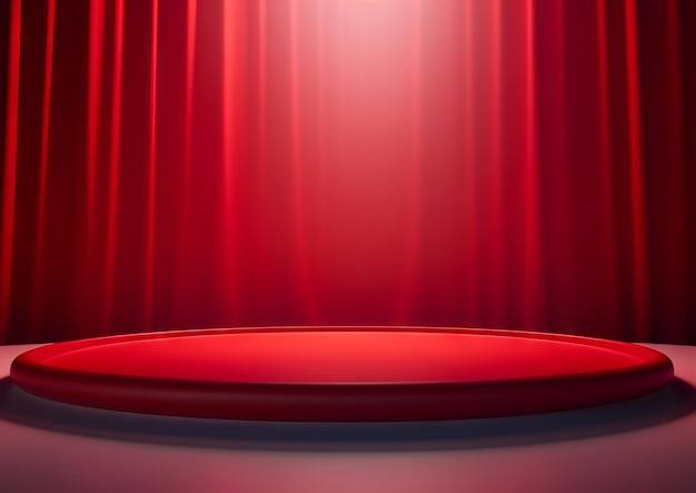 Palco de pódio de círculo vermelho de luxo com cortinas para exibição de produtos com holofotes para baixo