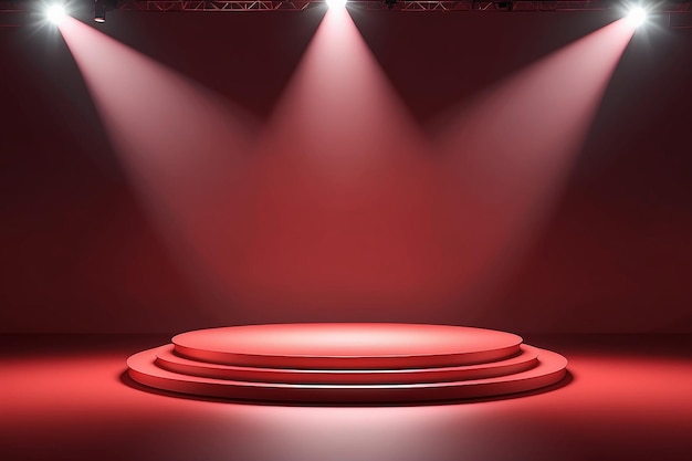 Palco de pódio de cor vermelha renderizado em 3D com efeito de spotlight Banner para vitrine de produto