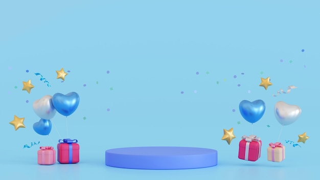 Palco de pódio de plataforma de promoção com caixa de presentes e renderização 3D de aniversário de namorados de balão