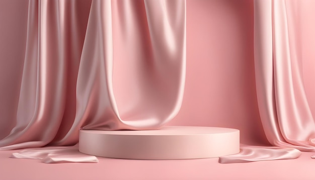 Palco de pódio de produtos de beleza de luxo com tecido de seda em fundo rosa