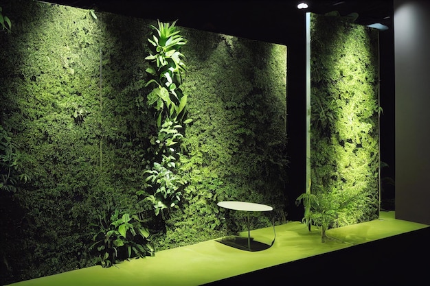 Palco de pódio na parede de fundo de folhas verdes tropicais