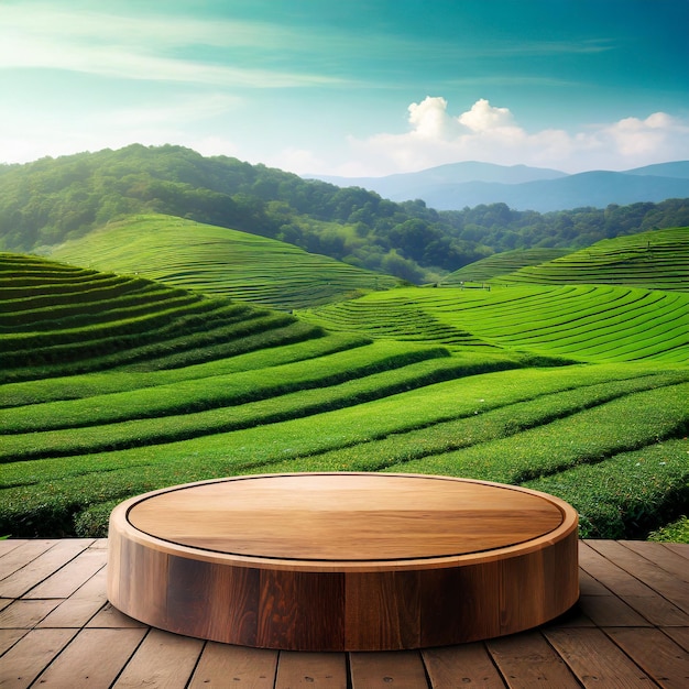 Palco de pódio redondo de madeira com paisagem de campo de chá verde fundo exibição de produto Ai gerado