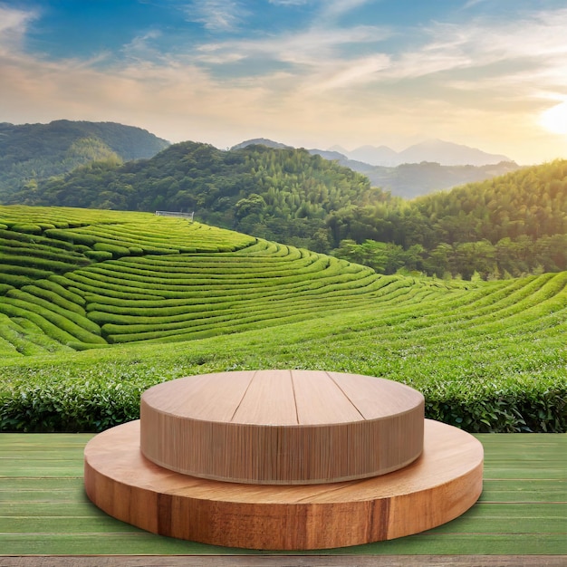 Palco de pódio redondo de madeira com paisagem de campo de chá verde fundo exibição de produto Ai gerado