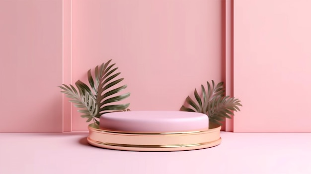 Palco de pódio rosa minimalista 3D para exibição de produtos com decoração de plantas