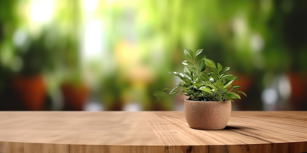 Palco de produto de mesa de madeira vazia para promoção atrás de sala de estar turva com planta verde