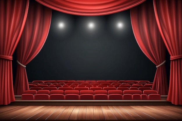 Palco de teatro com cortina vermelha e assentos de fundo vetorial foto-realista