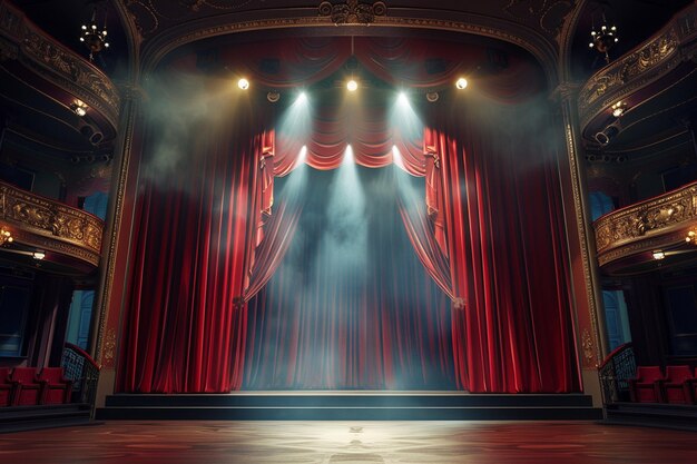 Palco de teatro com cortinas vermelhas e holofotes Cena teatral no fundo claro