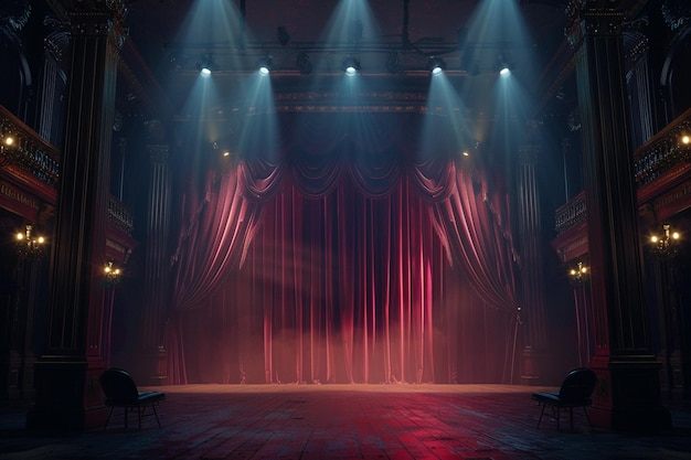 Palco de teatro com cortinas vermelhas e holofotes Cena teatral no fundo claro