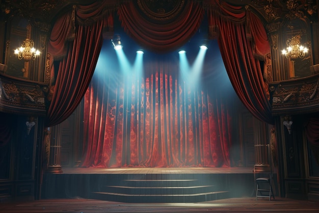 Palco de teatro com cortinas vermelhas e holofotes Cena teatral no fundo claro