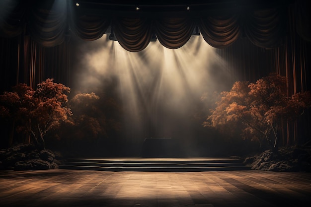 Foto palco de teatro com fundo iluminado com holofotes palco iluminado para apresentação de ópera palco vazio