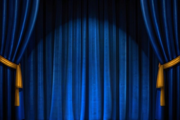 Palco de teatro vazio com cortinas de veludo azul e holofotes no fundo da cerimônia de premiação